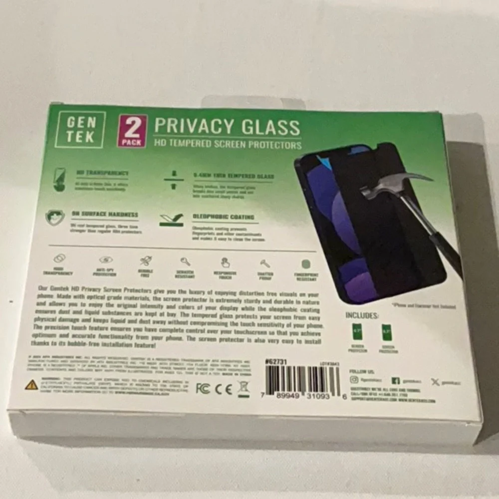 GEN TEK (2) Two Privacy Glass HD Tempered Screen Protectors. Fits iPhones.